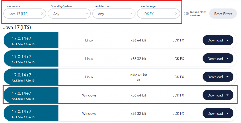 Настройка фильтров для скачивания Java 17